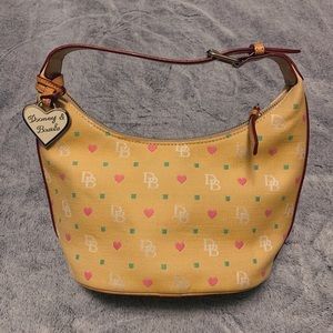 yellow dooney & bourke Canvas Hobo Bag with pink Hearts & green Squares.
